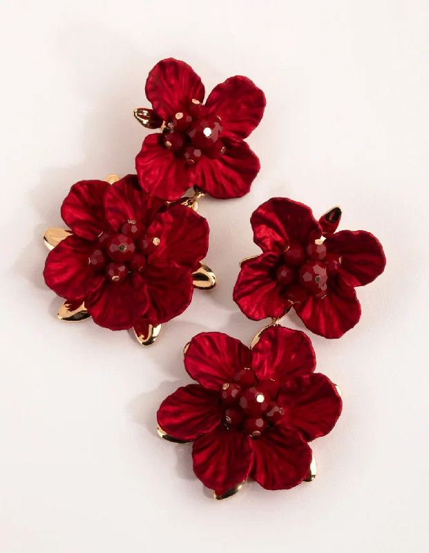 Cute Dangle Earrings-Red Large Pearlised Flower Drop Earrings