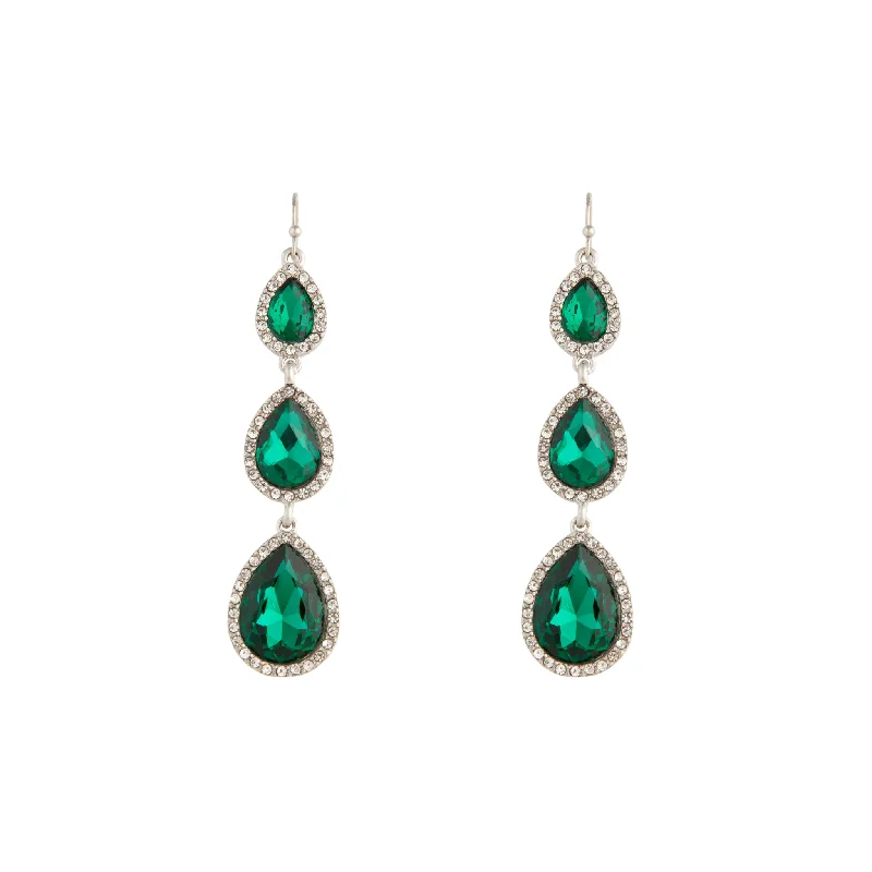 Long Tassel Drop Earrings-Silver Green Graduated Teardrop Diamante Earrings