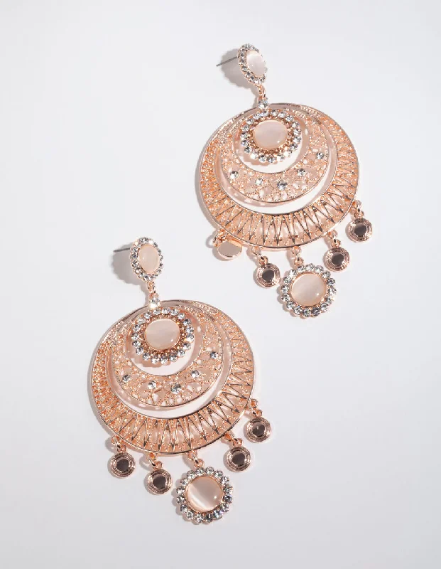 Silver Plated Earrings-Rose Gold Disc Blush Catseye Chandbali Earrings