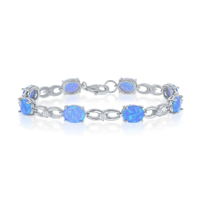 Handmade Cuff Bracelet-Sterling Silver Infinity Blue Opal and CZ Bracelet, 7.25"