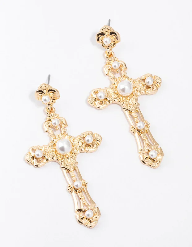 Sparkling Diamond Earrings-Small Gold Pearl Cross Drop Earrings