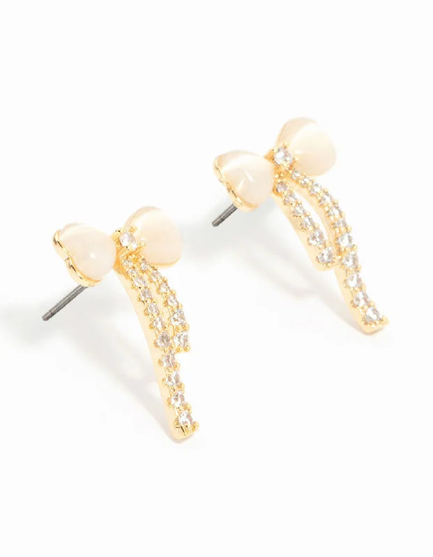 Cute Heart Earrings-Gold Plated Diamante Bow Stud Earrings