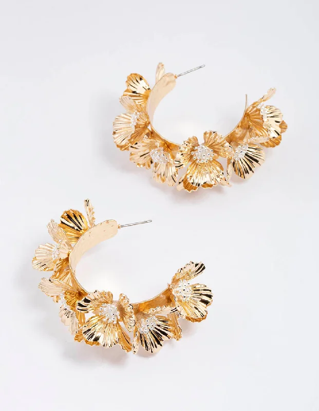 Triangular Drop Earrings-Gold Statement Floral Peral Hoop Earrings