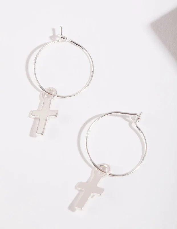 Fashion Hoop Earrings-Silver Cross Hoop Earrings