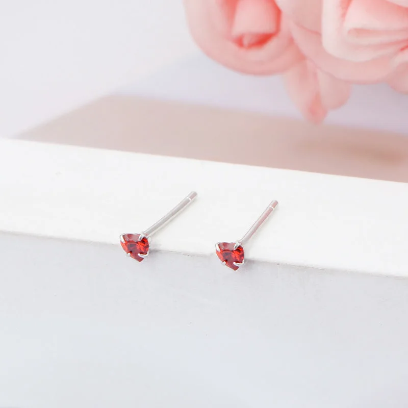 3mm Pomegranate Red Heart-Shaped Stud Earrings