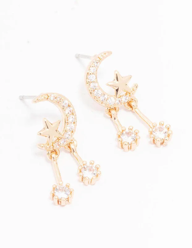 Glamour Diamond Earrings-Gold Cubic Zirconia Moon & Star Drop Earrings