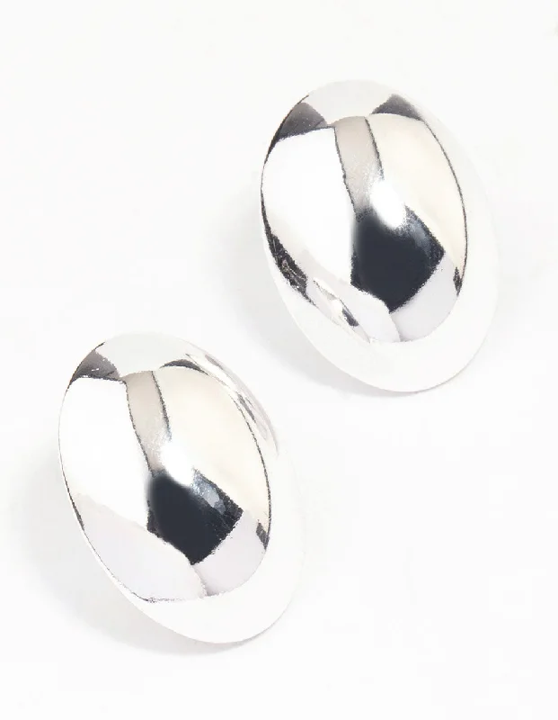 Geometric Silver Earrings-Silver Egg-Shaped Dome Stud Earrings