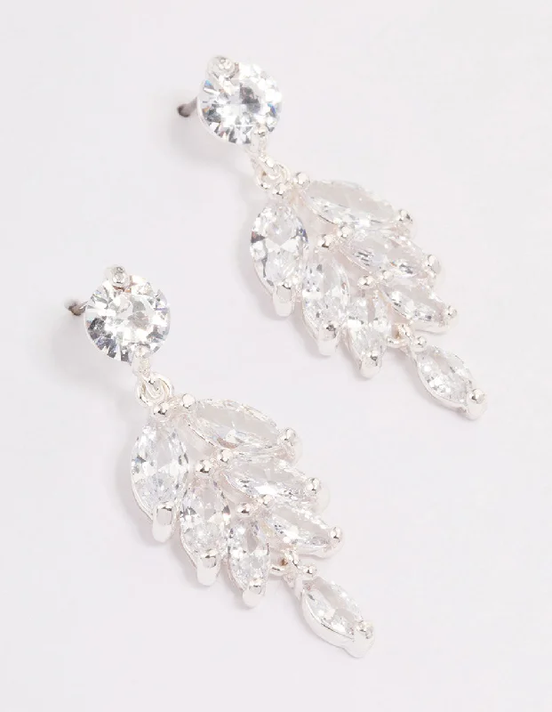 Feather Dangle Earrings-Silver Cubic Zirconia Drop Statement Earrings