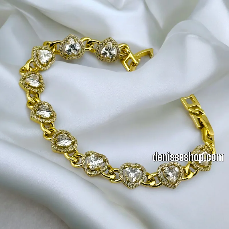 Custom Birthstone Bracelet-14K /WOMAN WHITE STONE HEART LINK BRACELET BR587