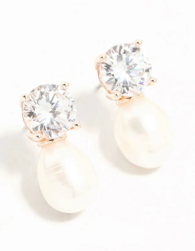 Fashionable Clip-On Earrings-Rose Gold Plated Diamante Freshwater Pearl Drop Earrings