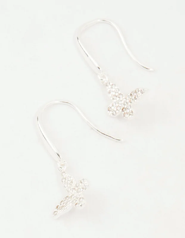 Pearl Dangle Earrings-Sterling Silver Cubic Zirconia Butterfly Hook Earrings