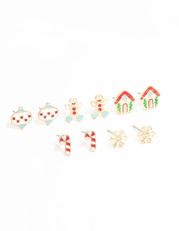 Fashionable Chandelier Earrings-Gingerbread House & Candy Cane Stud Earrings 5-Pack