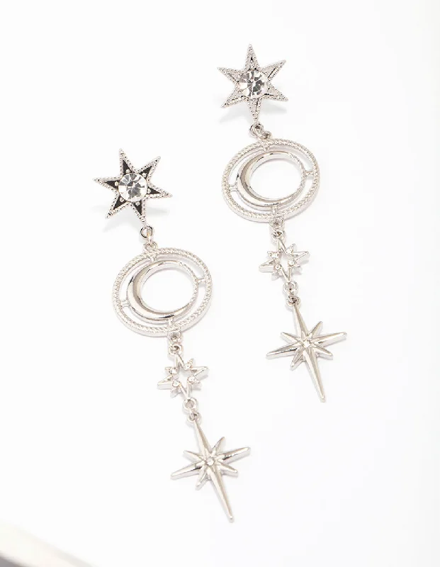 Adjustable Earrings-Silver Celestial Long Drop Earrings