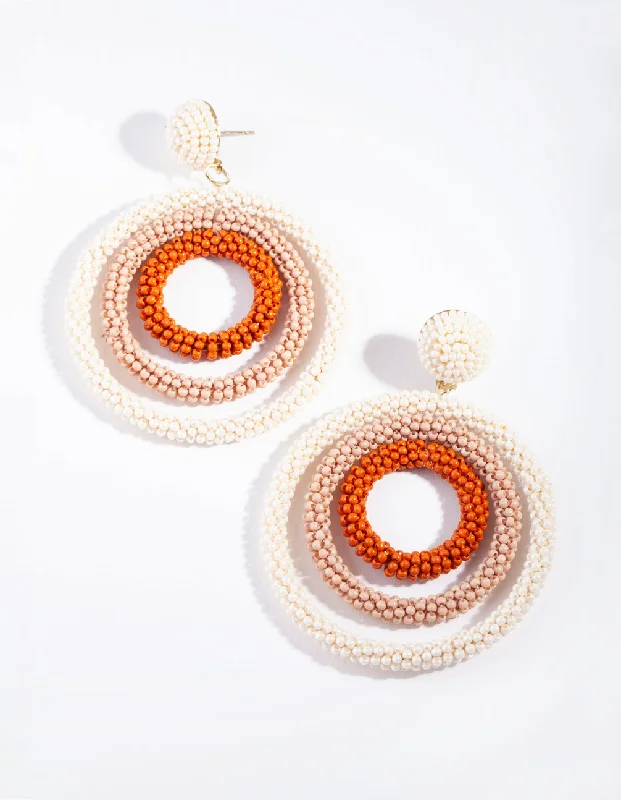 Oval Dangle Earrings-Neutral Beaded Triple Circle Drop Earrings