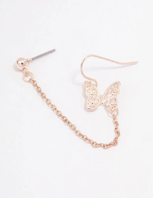 Cute Animal Earrings-Rose Gold Butterfly Drop Chain Earrings