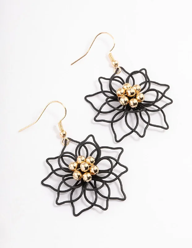 Geometric Hoop Earrings-Black Wire Flower Drop Earrings