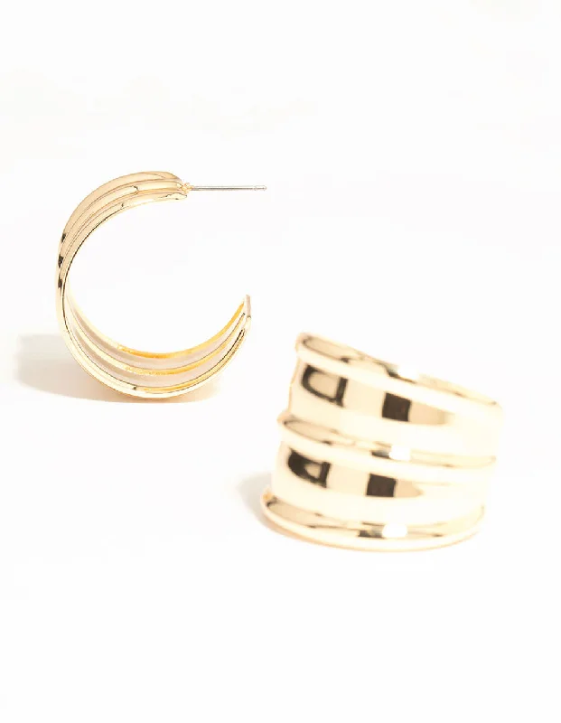 Silver Drop Earrings for Women-Gold Ribbed Large Hoop Earrings