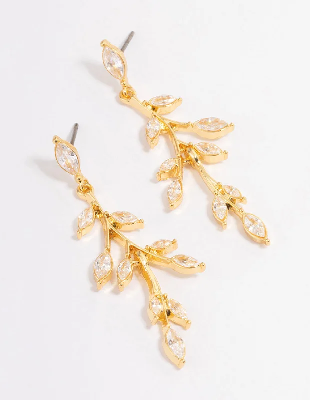 Silver Stud Earrings-Gold Plated Cubic Zirconia Marquise Leaf Drop Earrings