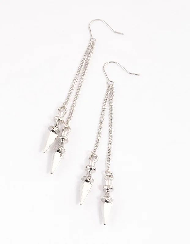 Large Silver Earrings-Silver Double Row Chain Spike Drop Earrings