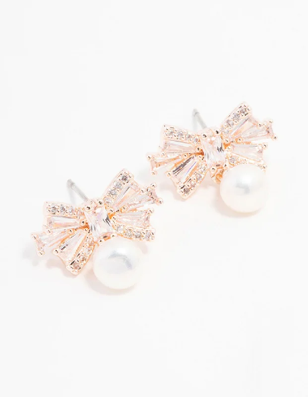 Bold Drop Earrings-Rose Gold Plated Cubic Zirconia Baguette Bow & Pearl Drop Earrings