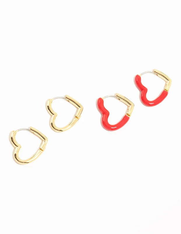 Dainty Gold Earrings-Gold Plated Enamel & Sleek Heart Hoop Earrings 2-Pack