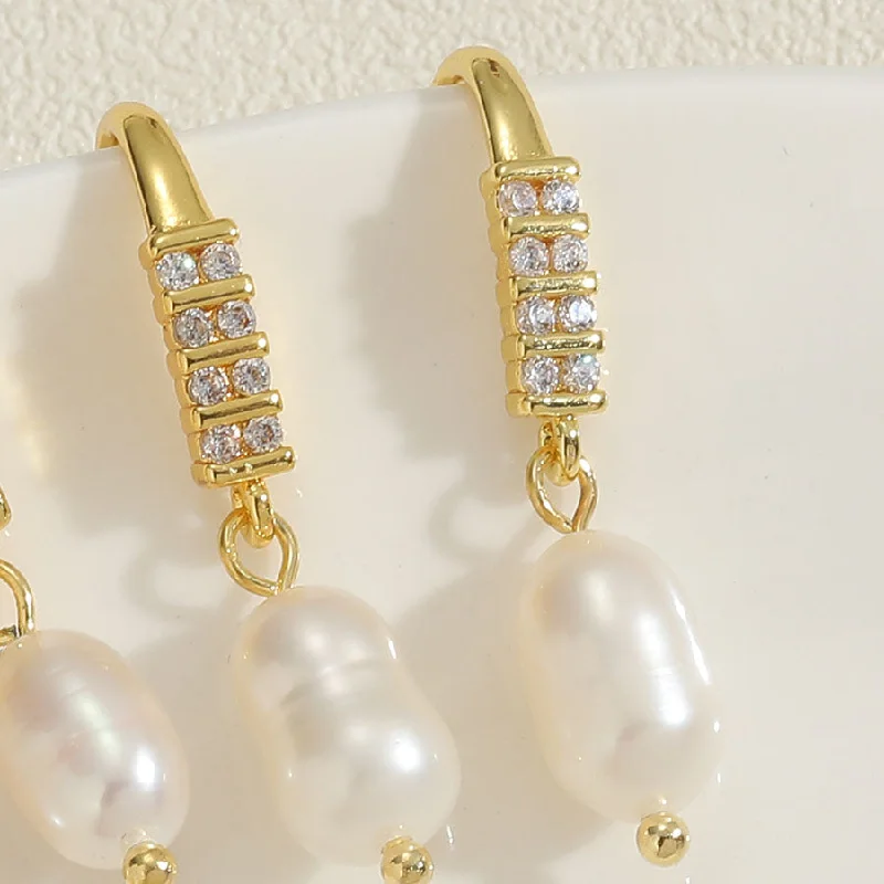 Double Row Zircon Fresh Water Pearl Earrings