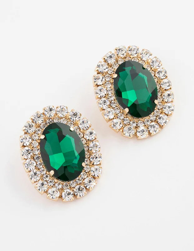 Oval Drop Earrings-Gold Luxe Oval Emerald Halo Stud Earrings