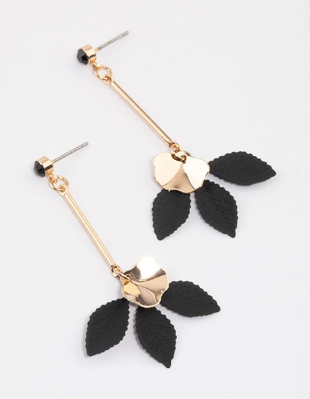 Oval Dangle Earrings-Black Triple Floral Drop Earrings