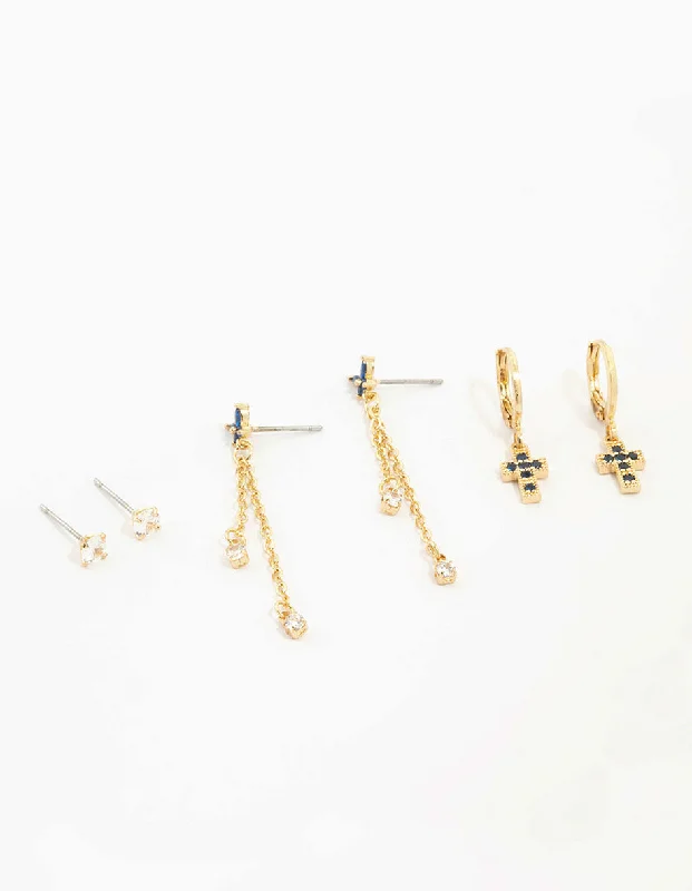 Shiny Drop Earrings-Gold Plated Cubic Zirconia & Cross Earrings 3-Pack