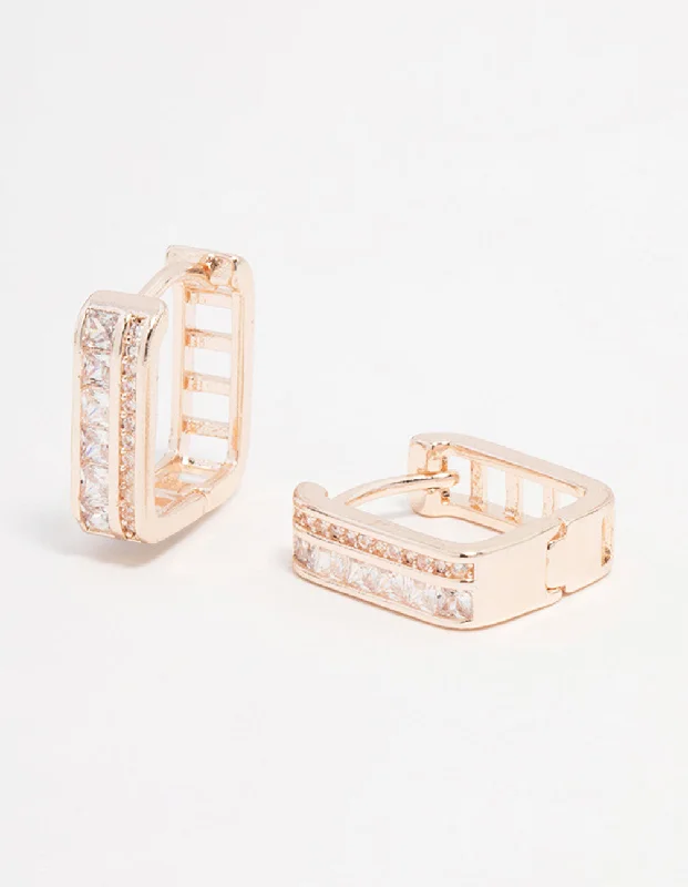 Geometric Silver Earrings-Rose Gold Plated Cubic Zirconia Double Pave Hoop Earrings