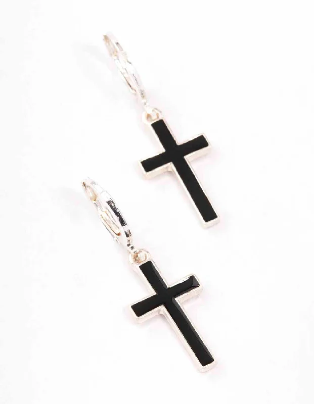 Customizable Earrings-Silver Cross Drop Huggie Earrings