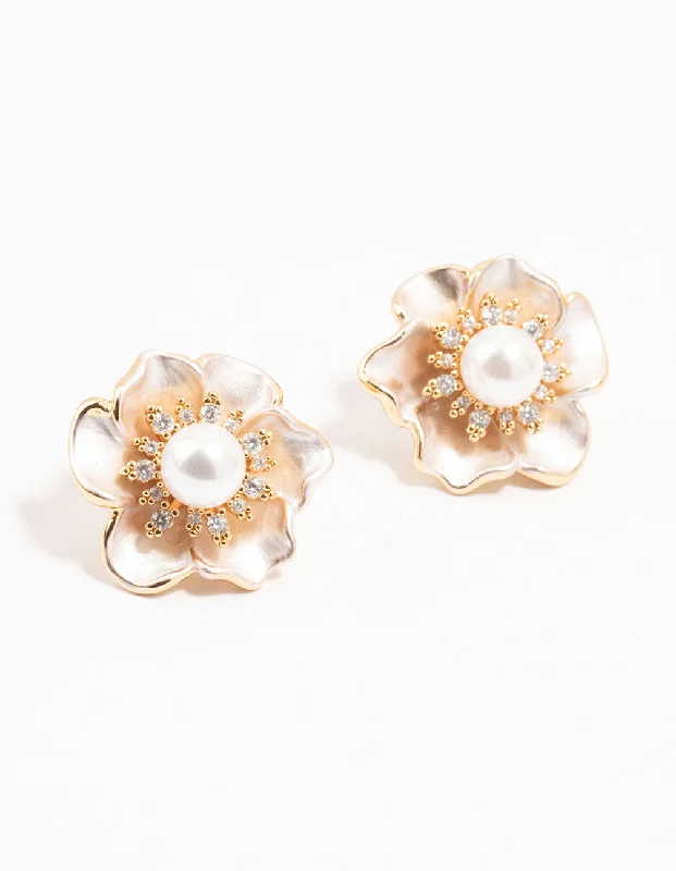 Luxurious Gold Earrings-Real Gold Plated Cubic Zirconia Pearlised Pearl Peony Earrings