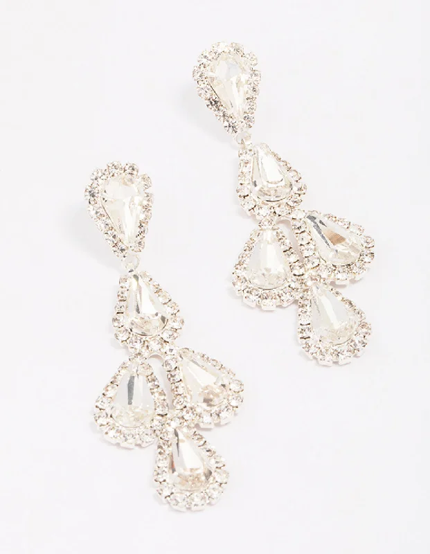 Silver Teardrop Earrings-Silver Teardrop Diamante Drop Earrings