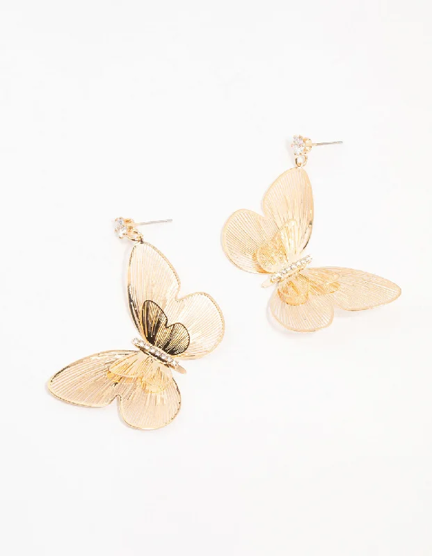 Butterfly Shape Earrings-Gold Lazercut Butterfly Drop Earrings