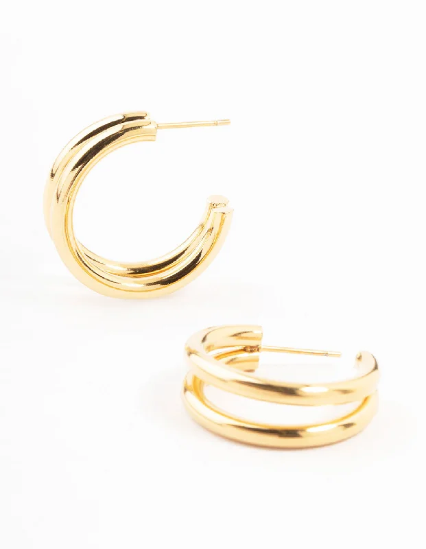 Gemstone Earrings-Waterproof Gold Plated Stainless Steel Two Layered Hoop Earrings