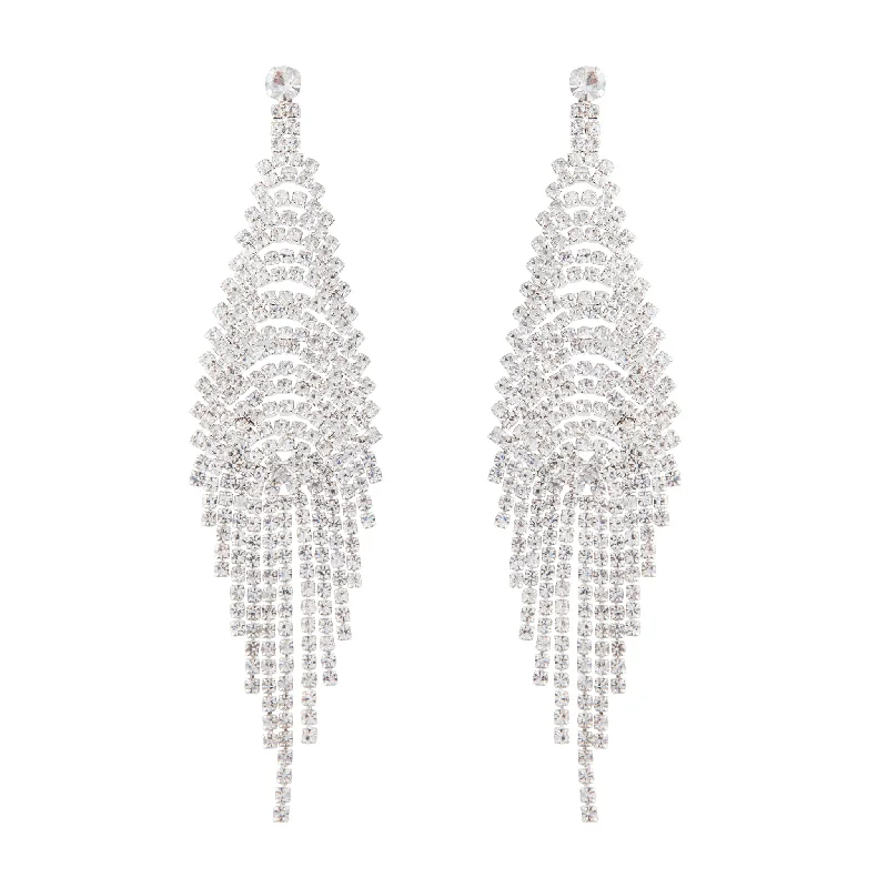 Handcrafted Earrings-Silver Cup Chain Diamante Fringe Drape Earrings