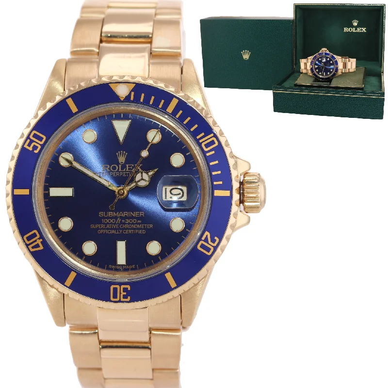 Gold Women's Wristwatch-Rolex Submariner Date 16808 18k Yellow Gold Blue Dial 40mm Oyster Watch Box