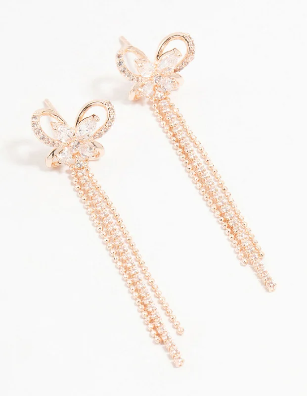 Long Chain Earrings-Rose Gold Cubic Zirconia Butterfly Drop Earrings