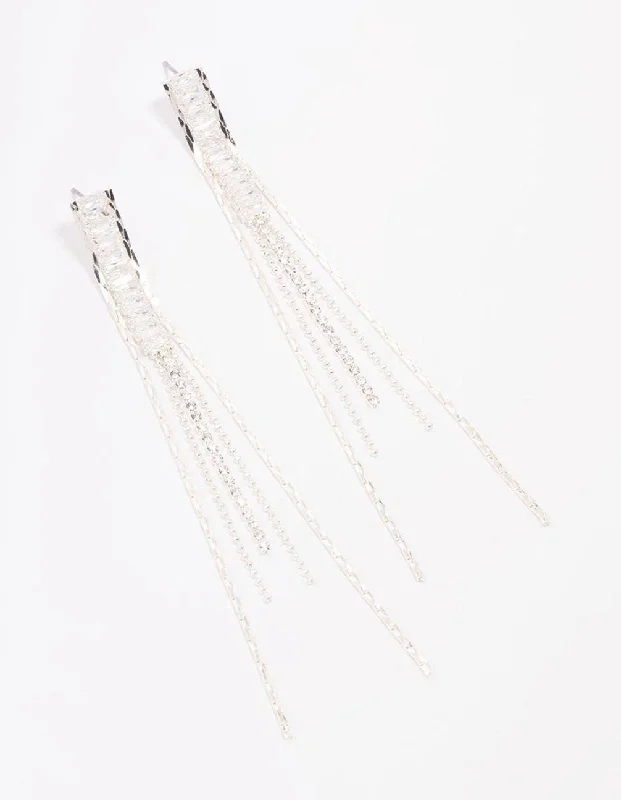 Unique Chandelier Earrings-Silver Diamante Cupchain Drop Earrings