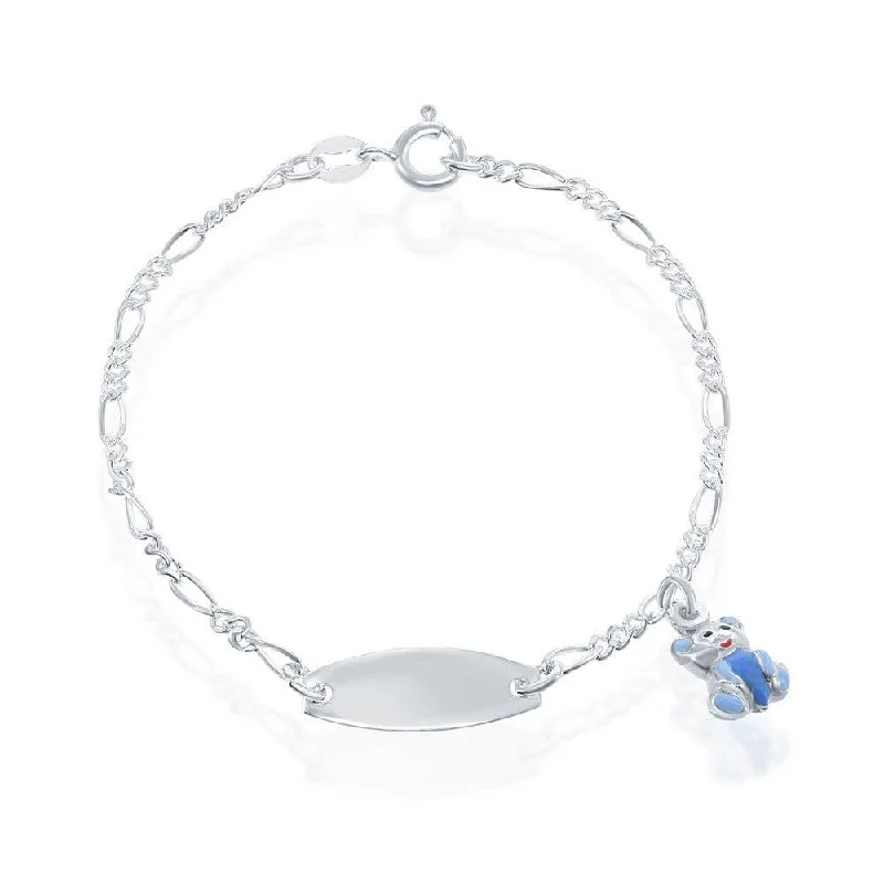 Adjustable Silver Link Bracelet-Sterling Silver Blue Teddy Bear Charm Kid-ID Bracelet, 6.5"