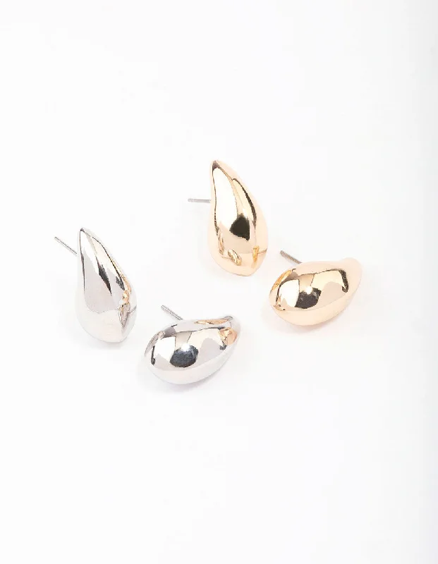 Stud Earrings with Gemstones-Gold & Silver Two-Toned Teardrop Earring Pack