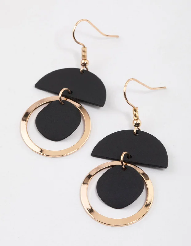 Elegant Diamond Earrings-Black Semi-Precious & Open Circle Drop Earrings