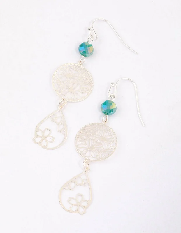 Trendy Drop Earrings-Green Beaded & Filigree Flower Drop Earrings