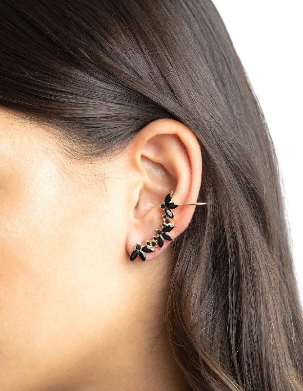 Unique Pearl Drop Earrings-Black Diamante Leaf Ear Cuff