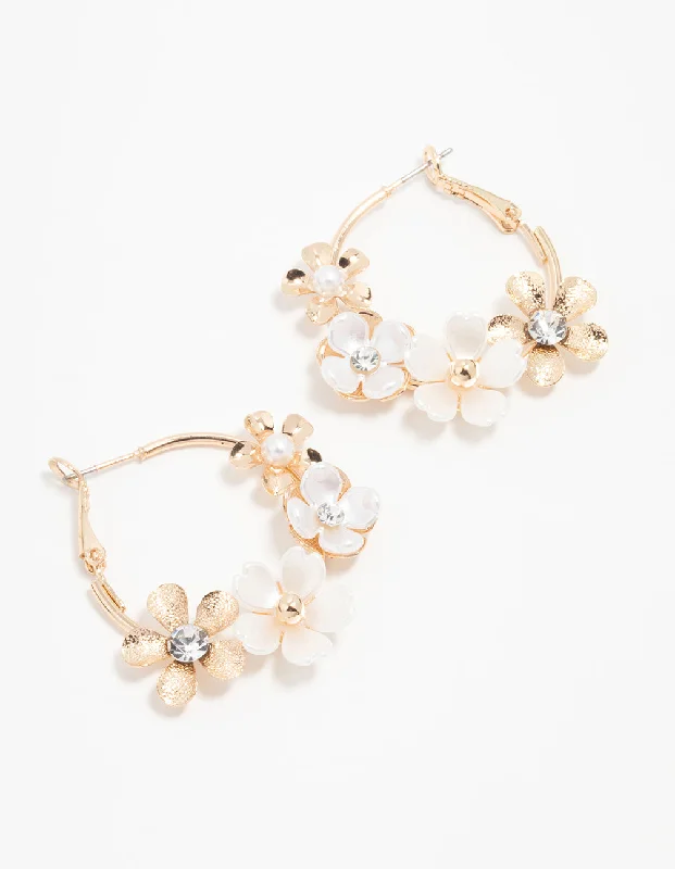 Elegant Swarovski Earrings-Gold Pearlised Flower Hoop Earrings