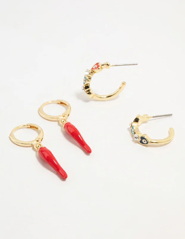 Rose Gold Earrings-Gold Plated Evil Eye & Chilli Hoop Earrings 2-Pack