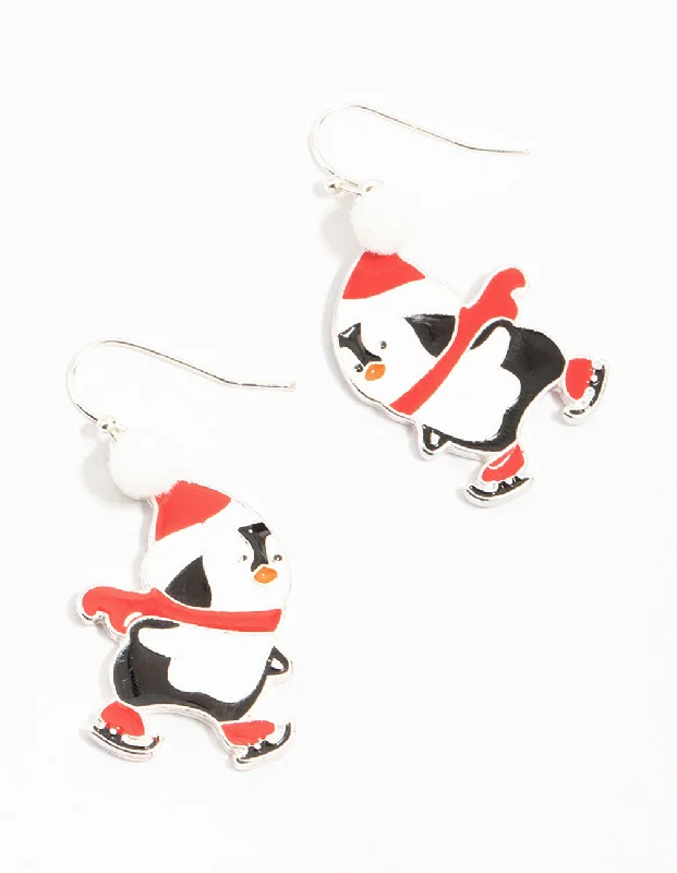 Stud Earrings for Teens-Skating Penguins Silver Drop Earrings