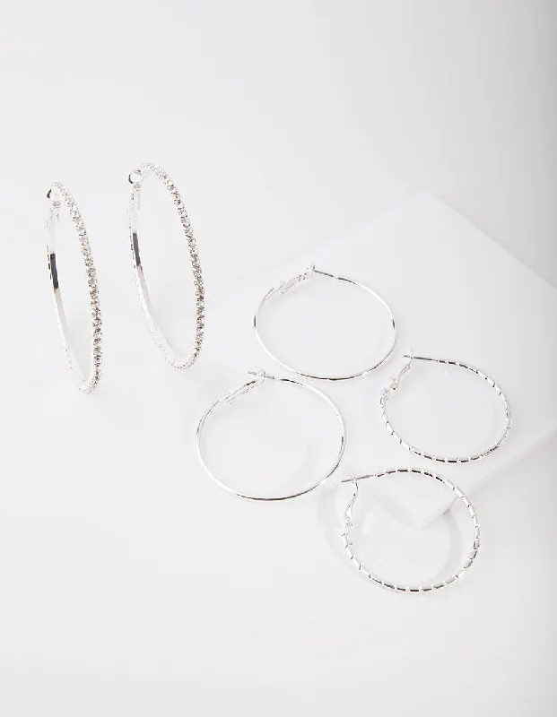 Double Hoop Earrings-Silver Statement Diamante Earring Pack