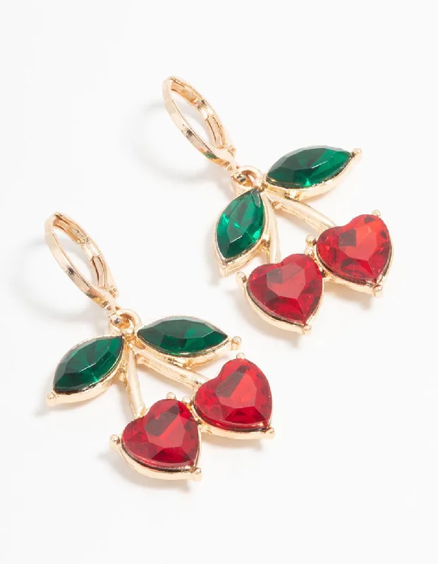 Retro Earrings-Gold Diamante Cherry Drop Earrings