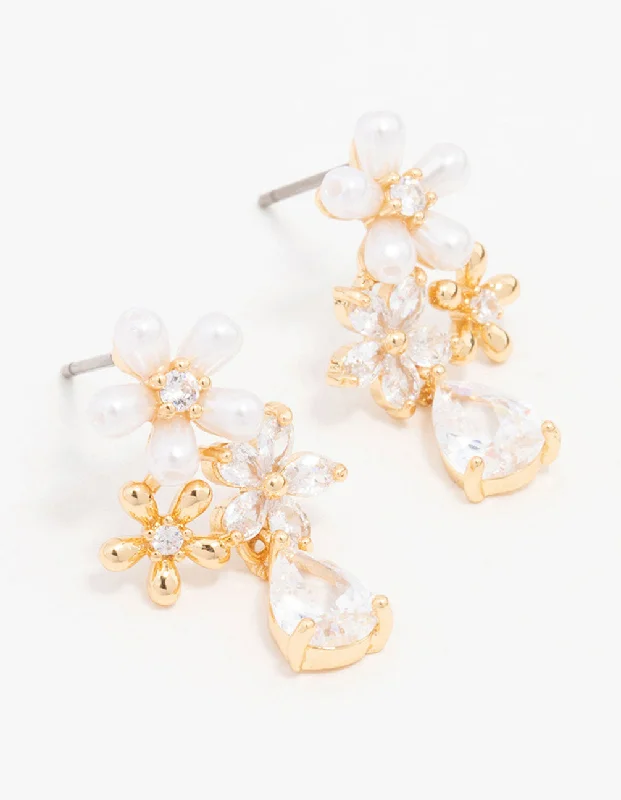 Elegant Chandelier Earrings-Gold Plated Trio Flower Pear Drop Earrings